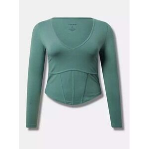 TORRID Green Long Sleeve Corset Detail V Neck Top Plus‎ Size 1